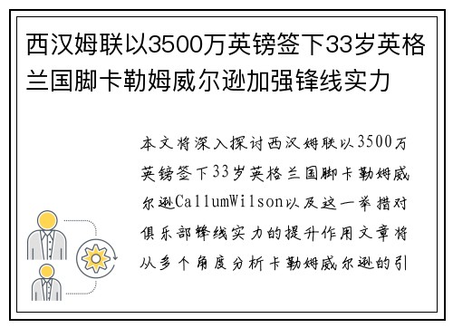 西汉姆联以3500万英镑签下33岁英格兰国脚卡勒姆威尔逊加强锋线实力